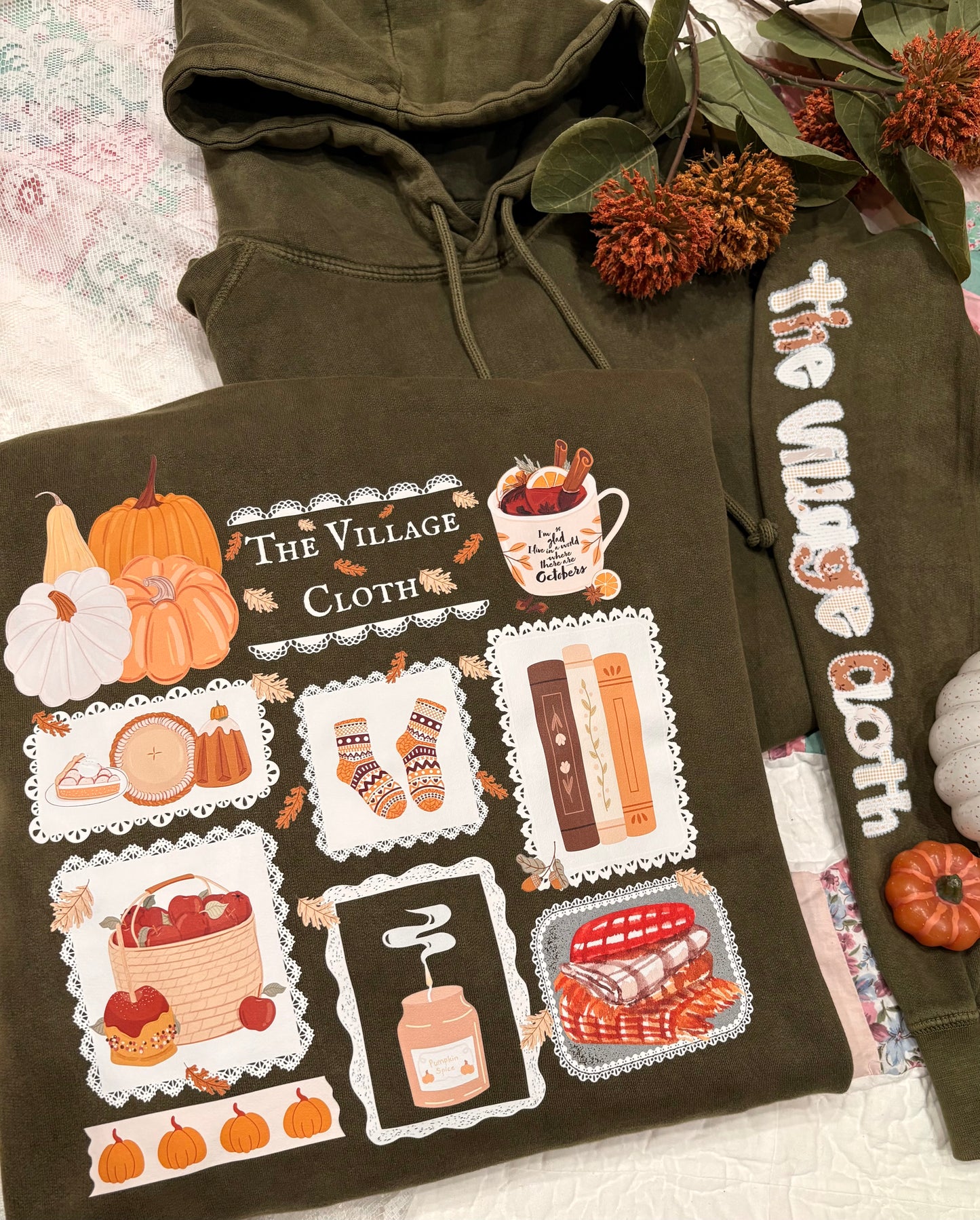 Fall At The Cottage W/ The Village Cloth In Olive- Hoodie