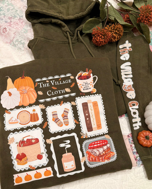 Fall At The Cottage W/ The Village Cloth In Olive- Hoodie