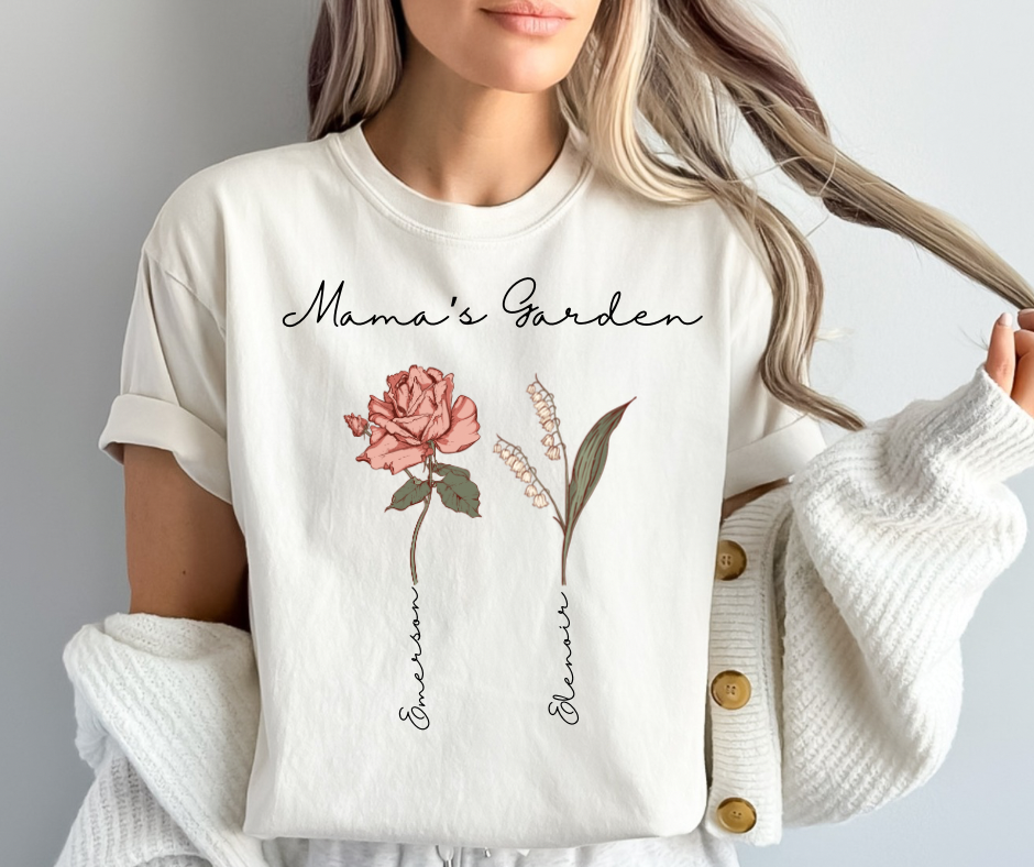 Mama’s Garden (Custom Birth Flower W/ Name) Cotton Graphic Tee