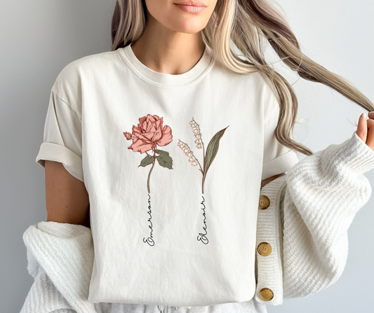 Mama’s Garden (Custom Birth Flower W/ Name) Cotton Graphic Tee